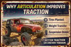Red Jeep Wrangler with MetalCloak suspension articulating over rocks demonstrating improved traction and control