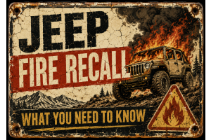 Weathered vintage warning sign showing a burning Jeep-style vehicle with the words “Jeep Fire Recall: What You Need to Know.”