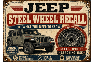 Weathered vintage-style Jeep recall sign featuring a steel wheel warning for 2026 Wrangler and Gladiator vehicles.