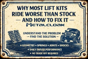 Worn porcelain-style mechanic sign with distressed cream and blue finish, featuring the headline “Why Most Lift Kits Ride Worse Than Stock — And How to Fix It,” with illustrations of coil springs and an off-road Jeep, emphasizing suspension geometry, ride
