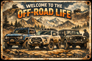 Vintage weathered porcelain-style garage sign graphic reading “Welcome to the Off-Road Life” above a blue Bronco, white Toyota 4Runner, and green Ineos Grenadier parked on rocky trail terrain with mountains in the background.