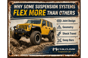 Jeep Wrangler articulating over rocks showing suspension flex, joint design, and off-road performance