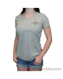 Grey V-Neck Women's MetalCloak Compass Tee, Front and Back Graphics