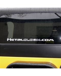 White MetalCloak.com 26" Premium Vinyl Decal on a yellow Jeep 