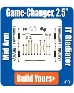 Parts List of 2.5 Game Changer Suspension Jeep Truck JT Gladiator MetalCloak - 6Pak Shocks, Duroflex Control Arms Durotrak Track Bar Replacement Brake Lines Sway Bar Links
