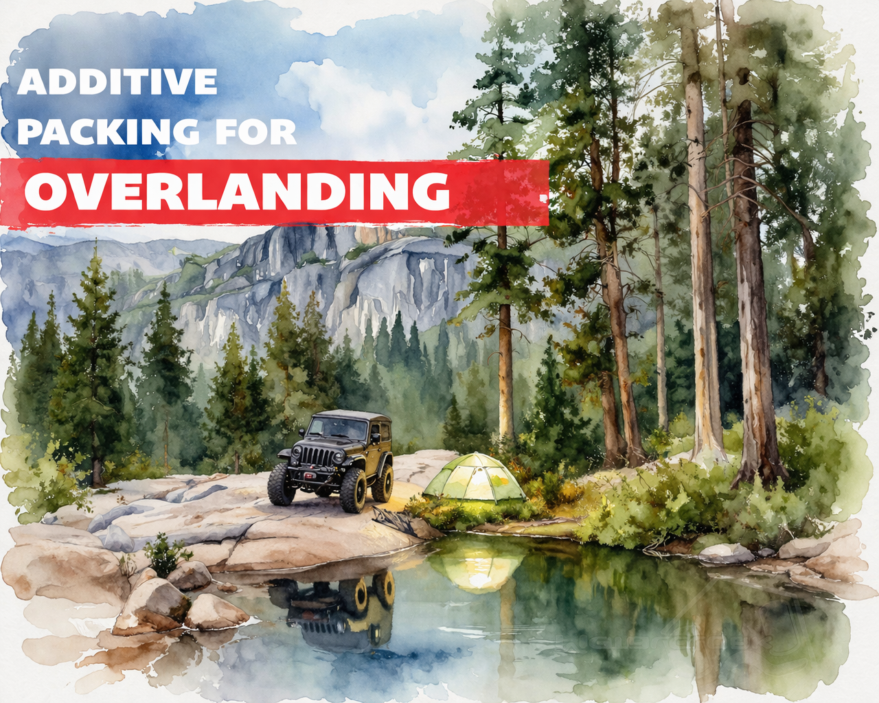 Watercolor illustration of a rugged overlanding campsite beside a calm mountain lake, featuring an off-road Jeep, a glowing tent, and pine trees under a soft sky, with bold text reading “Additive Packing for Overlanding.”