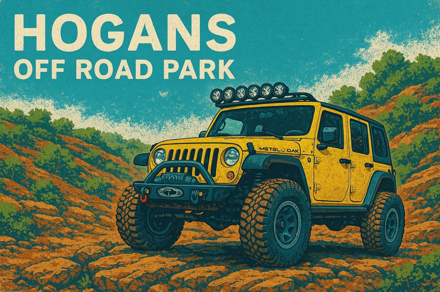 Hogan's off road park with yellow jeep and lights