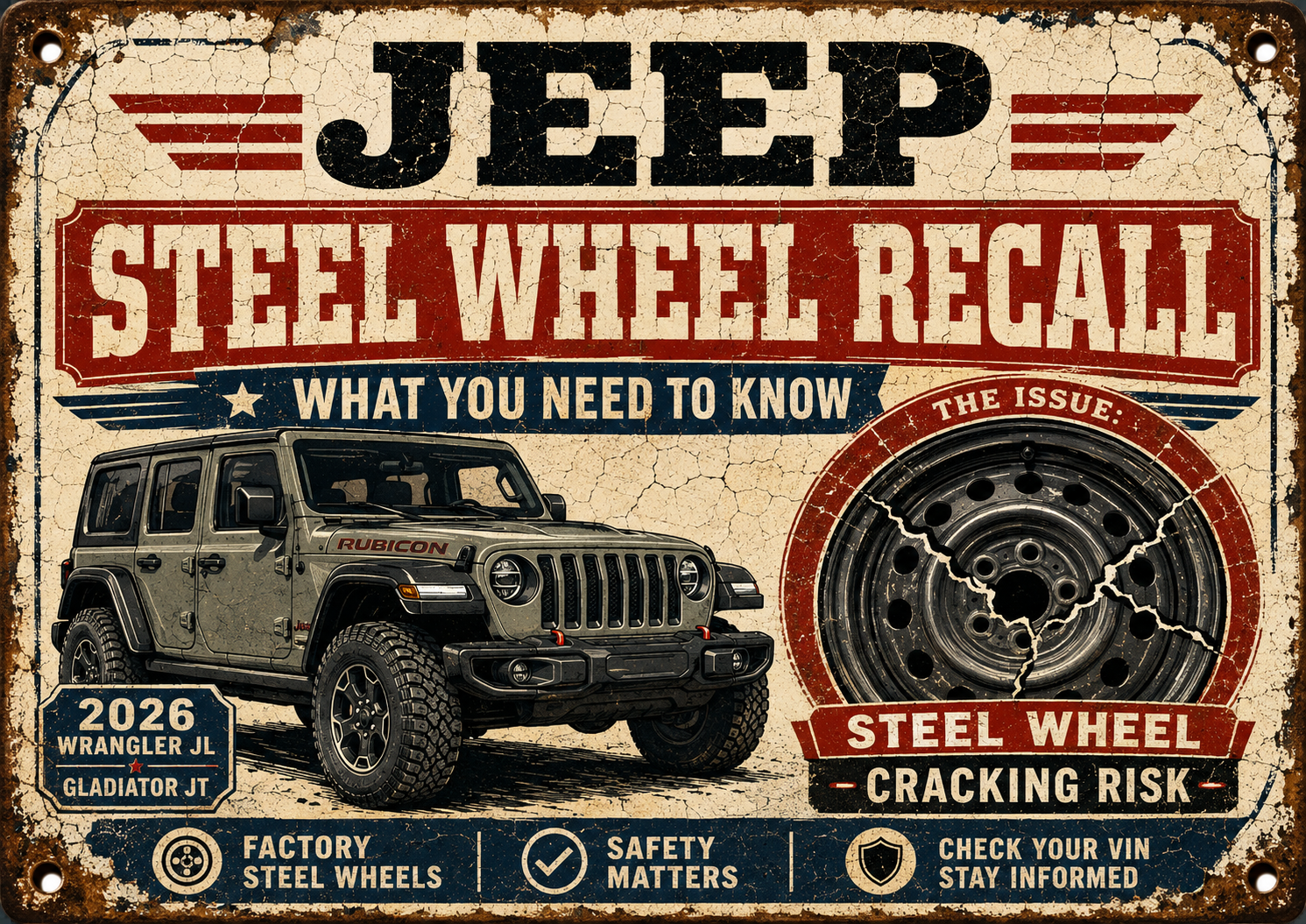 Weathered vintage-style Jeep recall sign featuring a steel wheel warning for 2026 Wrangler and Gladiator vehicles.