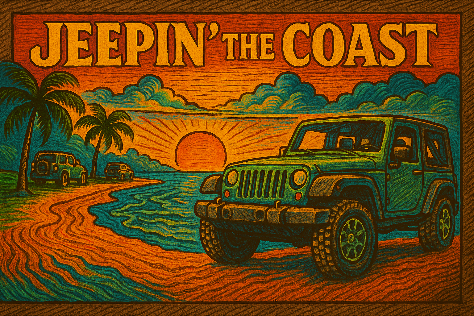 AI Generated Wood cut image of Jeep on coast with Sun