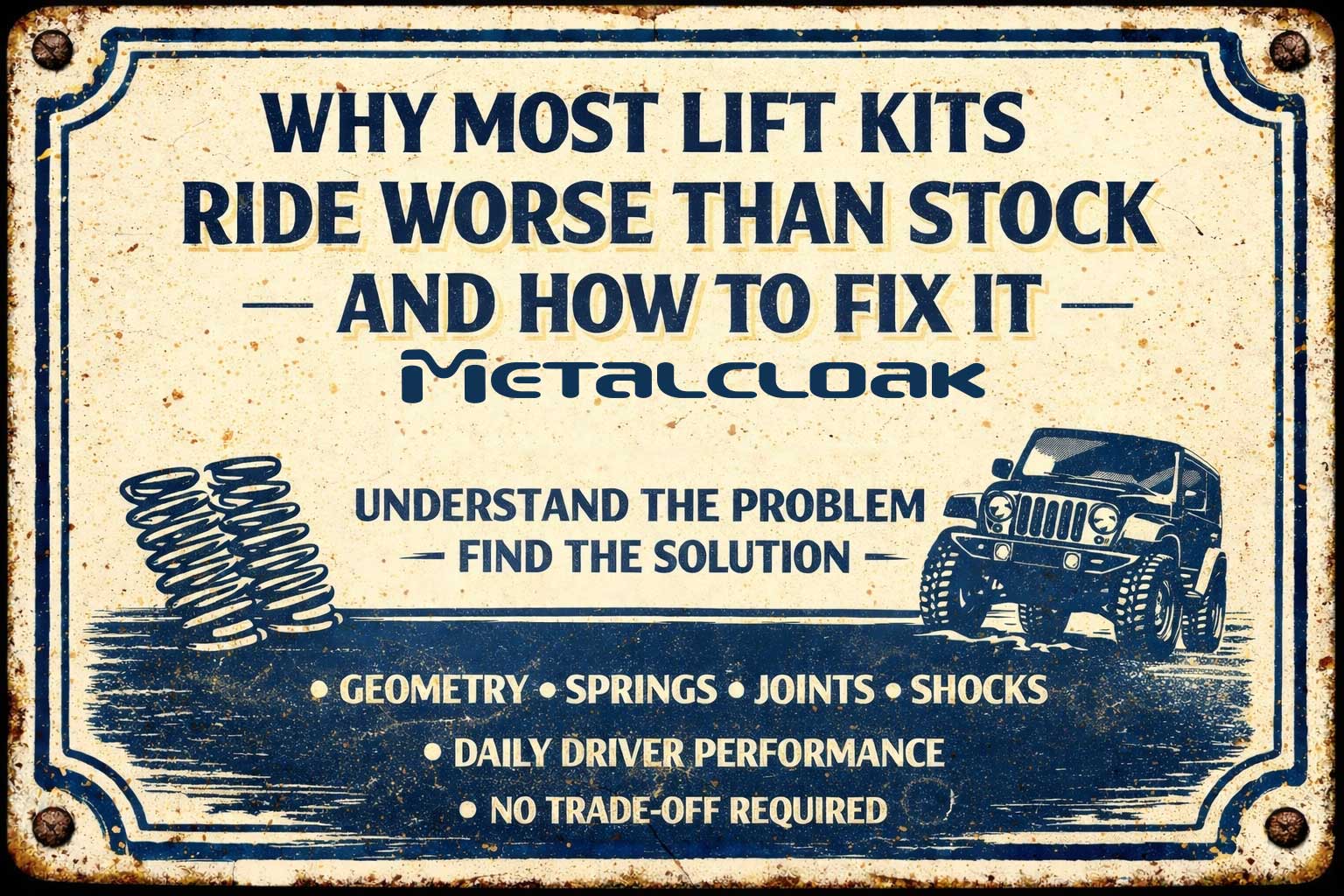 Worn porcelain-style mechanic sign with distressed cream and blue finish, featuring the headline “Why Most Lift Kits Ride Worse Than Stock — And How to Fix It,” with illustrations of coil springs and an off-road Jeep, emphasizing suspension geometry, ride