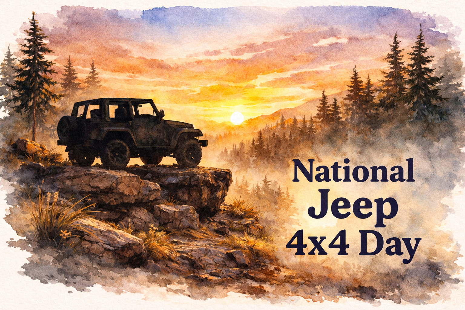Watercolor-style illustration of a silhouetted Jeep on a rocky overlook at sunrise in a forested mountain landscape, with the title “National Jeep 4x4 Day” displayed beside it.