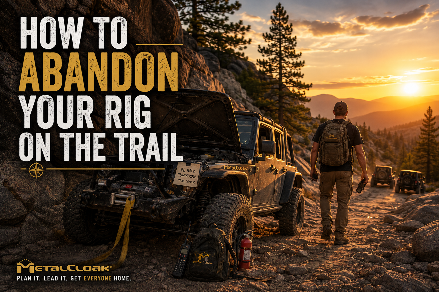 Jeep temporarily abandoned on a rocky off-road trail after a mechanical failure while the driver hikes out for assistance.