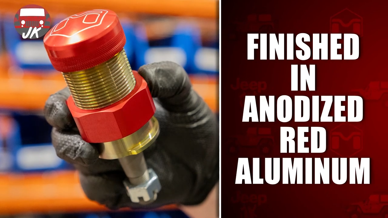 featured metalcloak product jeep jk wrangler baller joints, red aluminum anodized finish, american made quality and performance