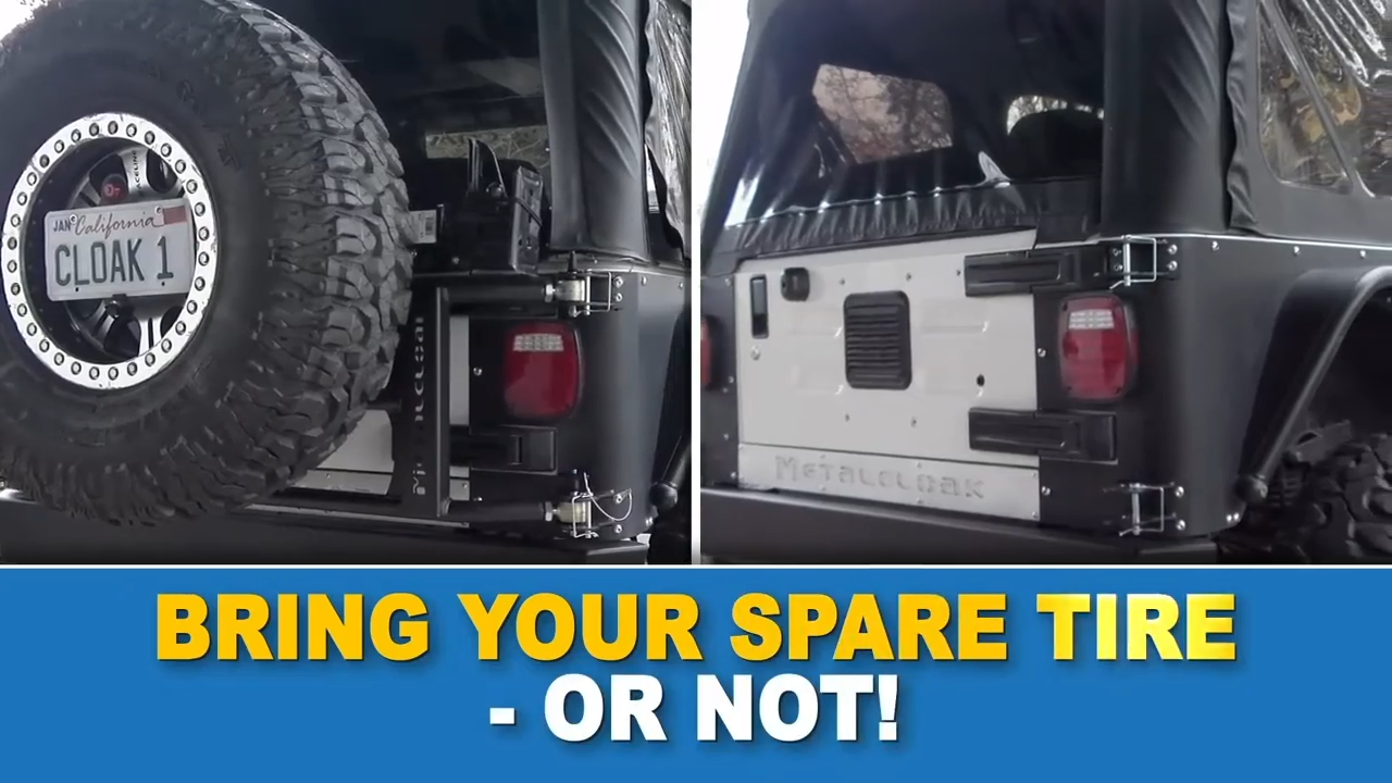 metalcloak tj lj wrangler tub mount tire carrier, bring your spare or not, daily driving or out on trail