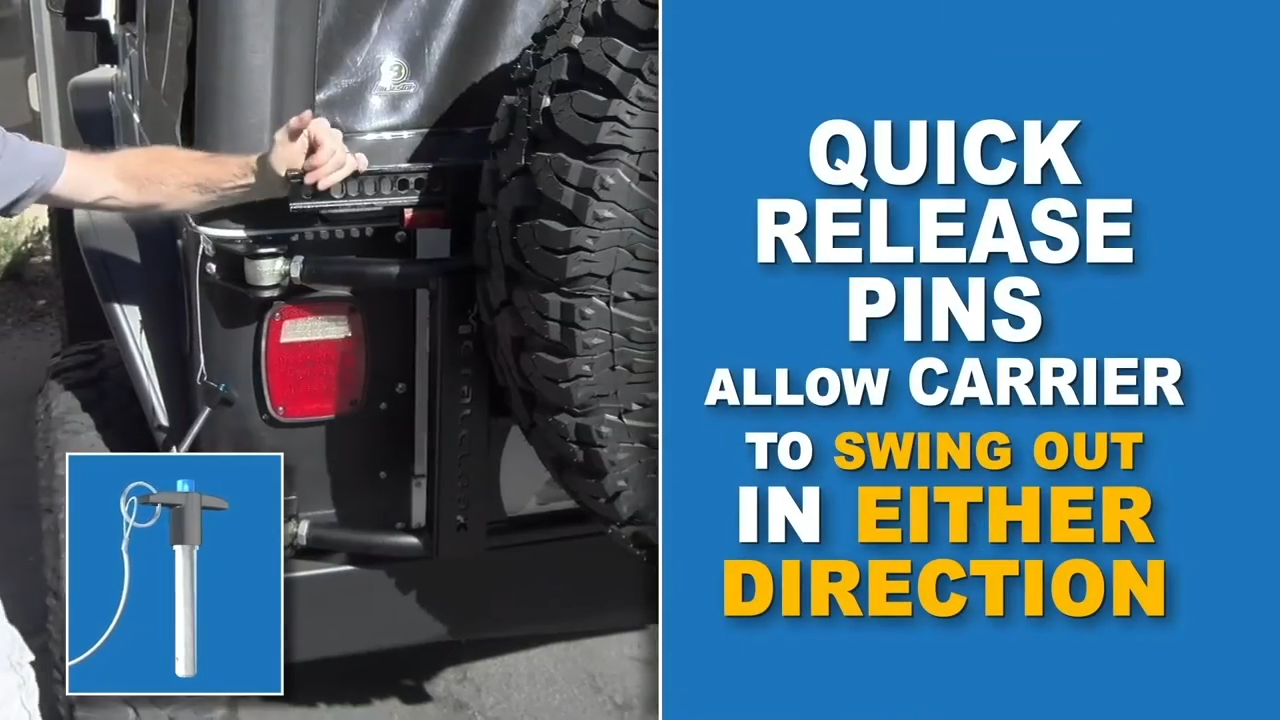 metalcloak tj lj wrangler tub mount tire carrier, tool-less quick release pins allow to swing out both directions