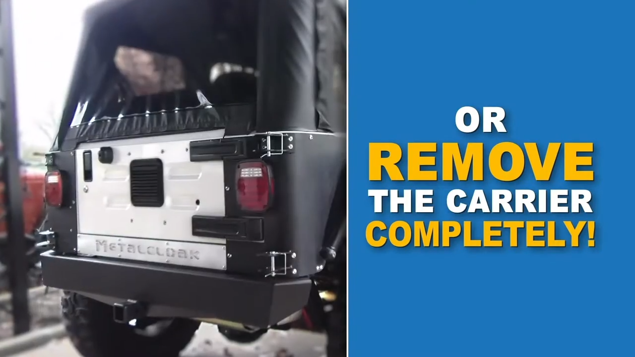 metalcloak tj lj wrangler tub mount tire carrier, optional quick release pins to remove tire carrier completely