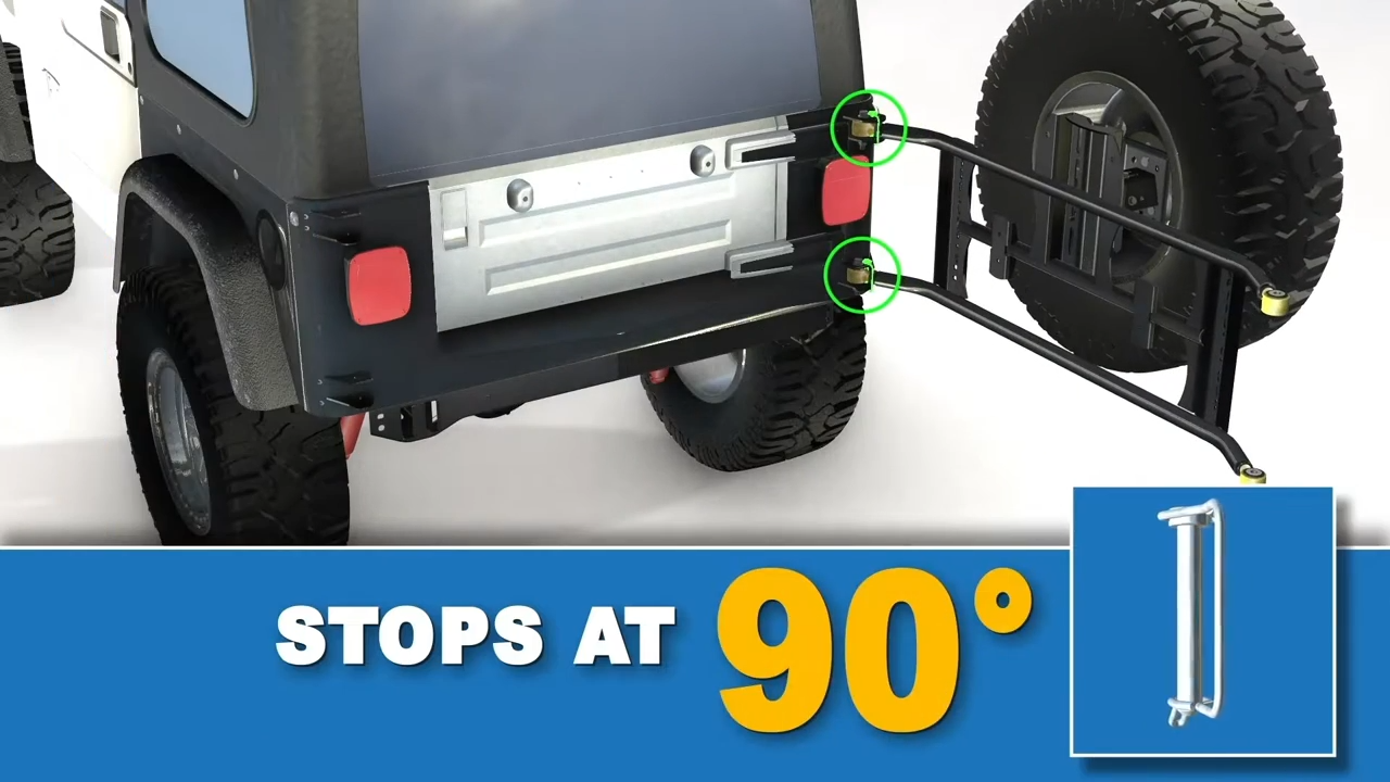 metalcloak tj lj wrangler tub mount tire carrier, preset to stop at 90 degrees