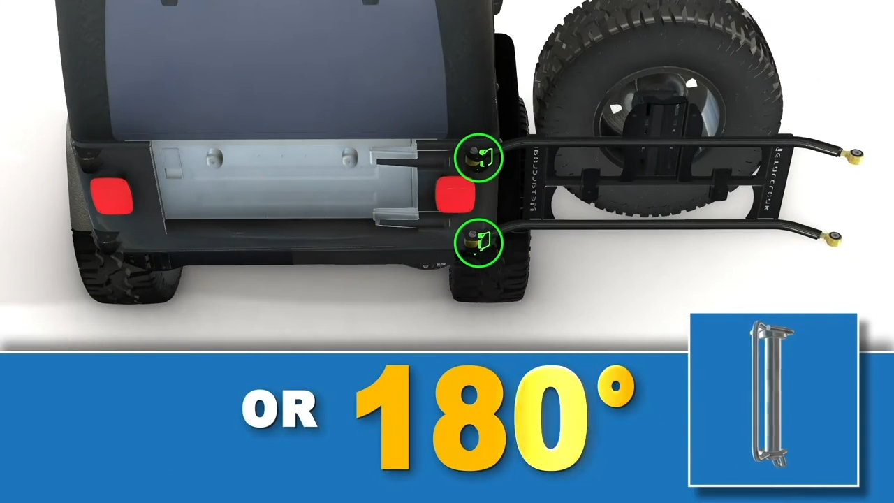metalcloak tj lj wrangler tub mount tire carrier, or stop at 180 degrees from gate