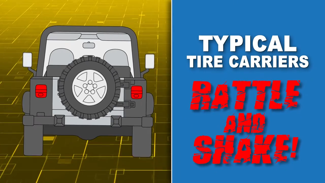 metalcloak tj lj wrangler tub mount tire carrier, typical carriers rattle and shake