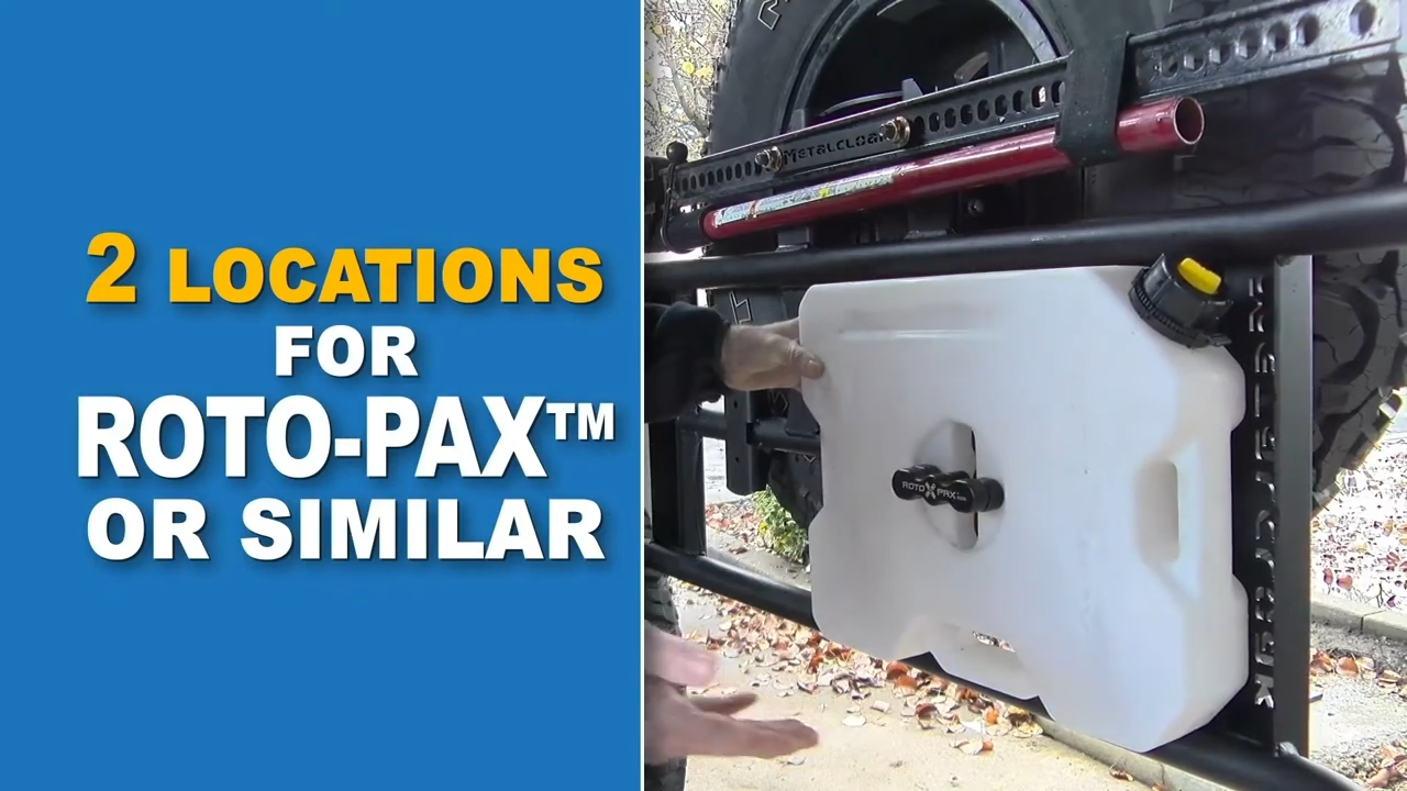 metalcloak tj lj wrangler tub mount tire carrier, two locations behind spare for mounting roto packs