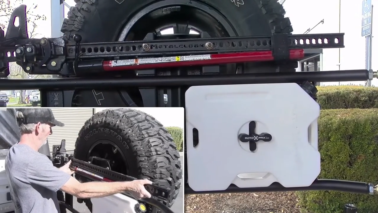 metalcloak tj lj wrangler tub mount tire carrier, mounting location for high lift jack or axe or shovel