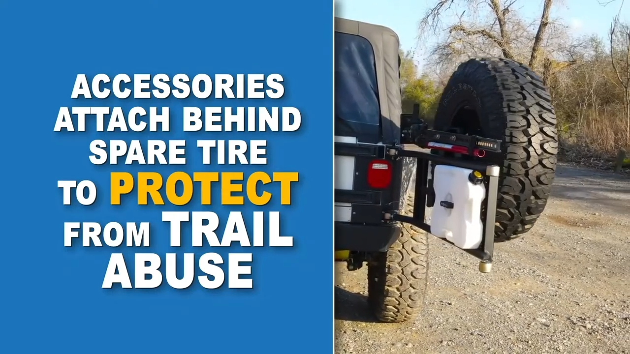 metalcloak tj lj wrangler tub mount tire carrier, accessories attach behind spare to keep protected