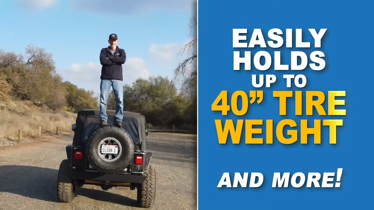 metalcloak tj lj wrangler tub mount tire carrier, easily holds 40" tire weight plus more