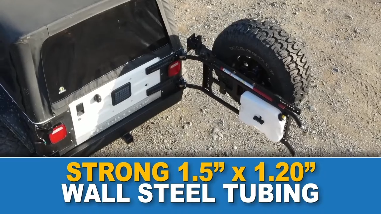 metalcloak tj lj wrangler tub mount tire carrier, made to hold additional weight with strong steel tubing