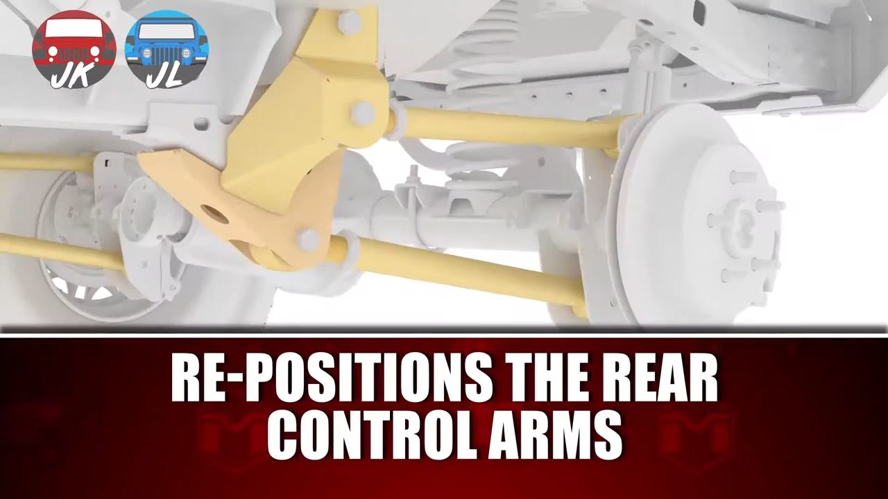 metalcloak patented db3 rear control arm drop bracket Jeep JK/JL, easy to install bolt-on, repositions rear arms to operate within true corrected radius, allows full use of up and down travel