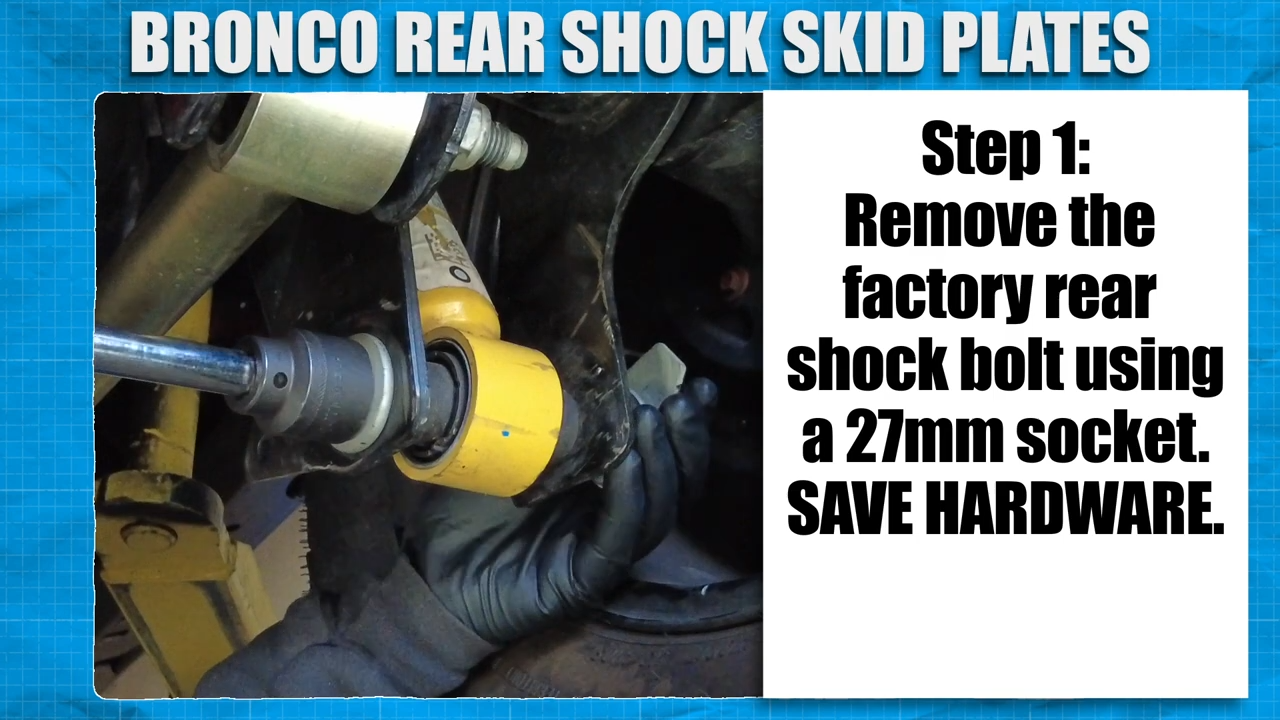 metalcloak Bronco Rear Shock Skid Plates installation, remove factory rear shock bolt