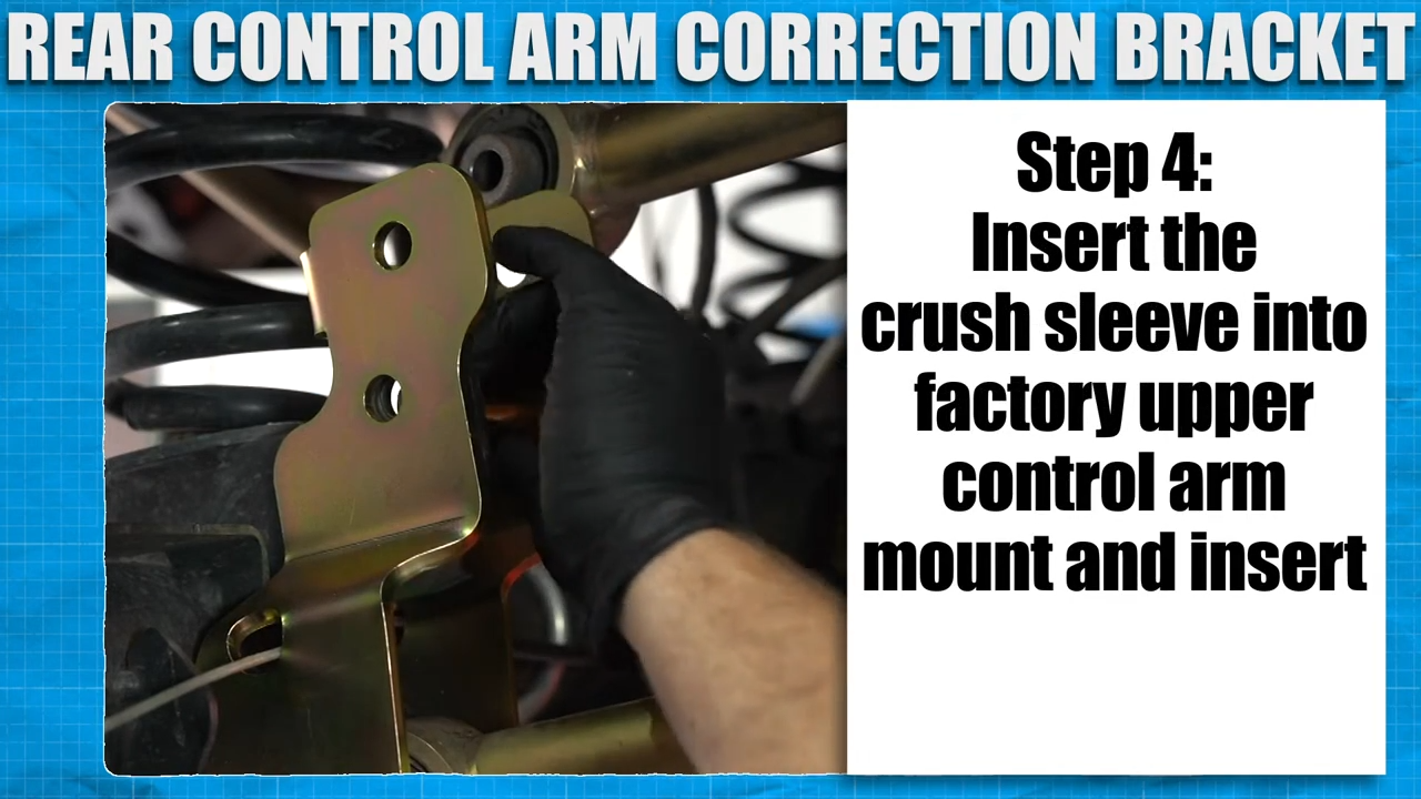 metalcloak how to install jeep jt gladiator rear upper control arm correction bracket, insert crush sleeve into control arm mount
