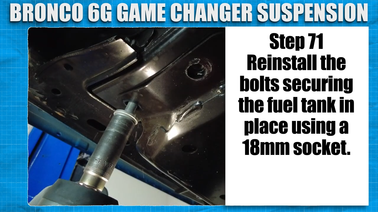how to install metalcloak bronco game-changer suspension, reinstall bolt securing fuel tank in place