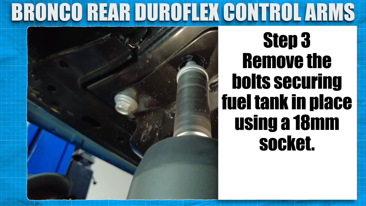 metalcloak installation instructions bronco 6g rear duroflex control arm set, remove bolts securing fuel tank
