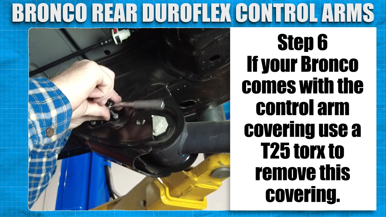 metalcloak installation instructions bronco 6g rear duroflex control arm set, remove control arm covers depending on year or model