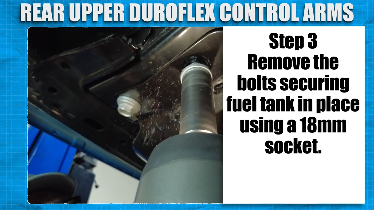 metalcloak installation instructions bronco rear upper duroflex control arms, remove bolts securing gas tank