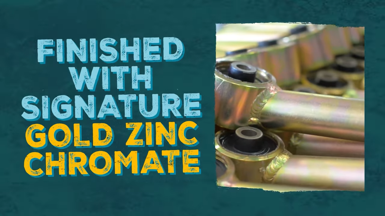 metalcloak duroflex control arms, gold zinc chromate finish to protect steel from rust