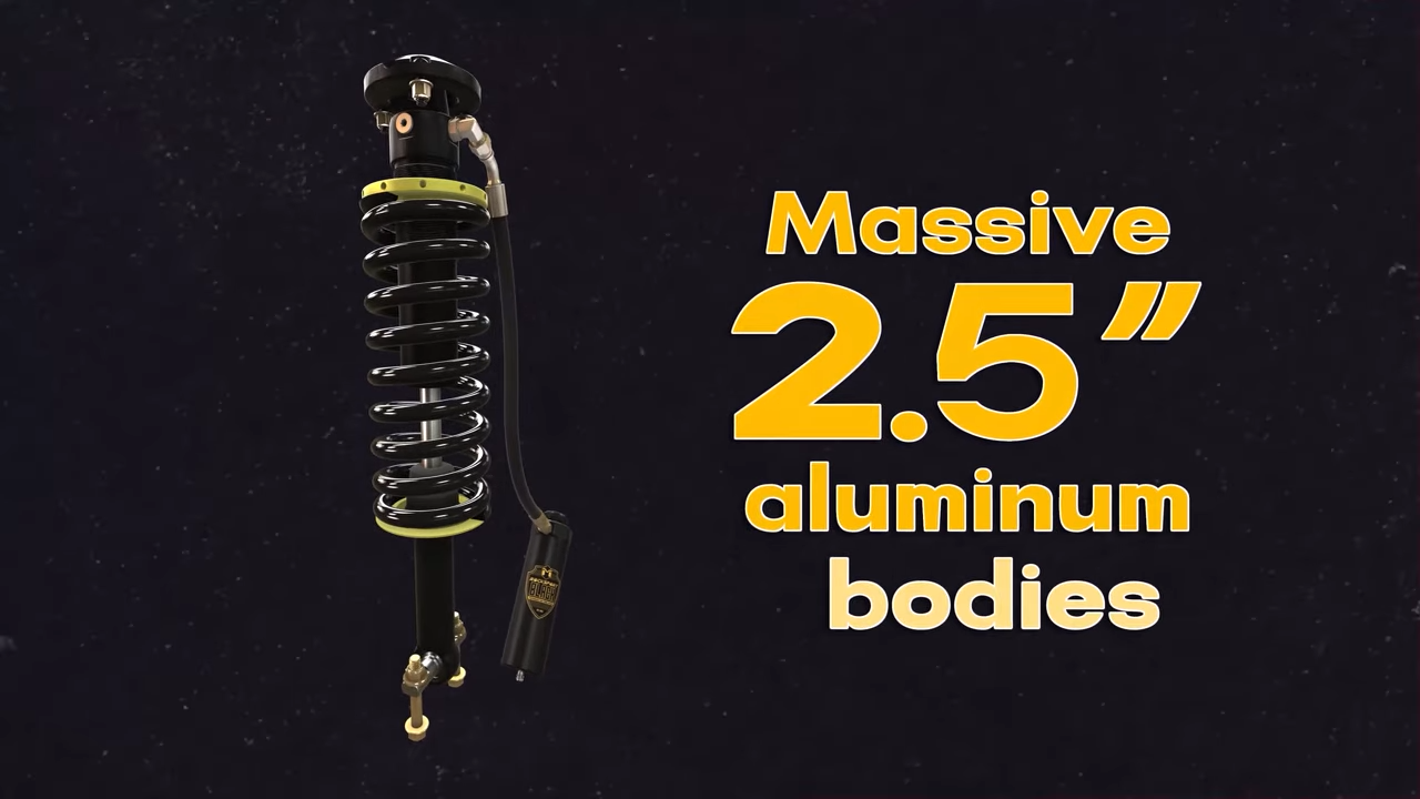 metalcloak rocksport black remote reservoir adjustable coilovers, 2.5" aluminum shock and reservoir bodies diameter