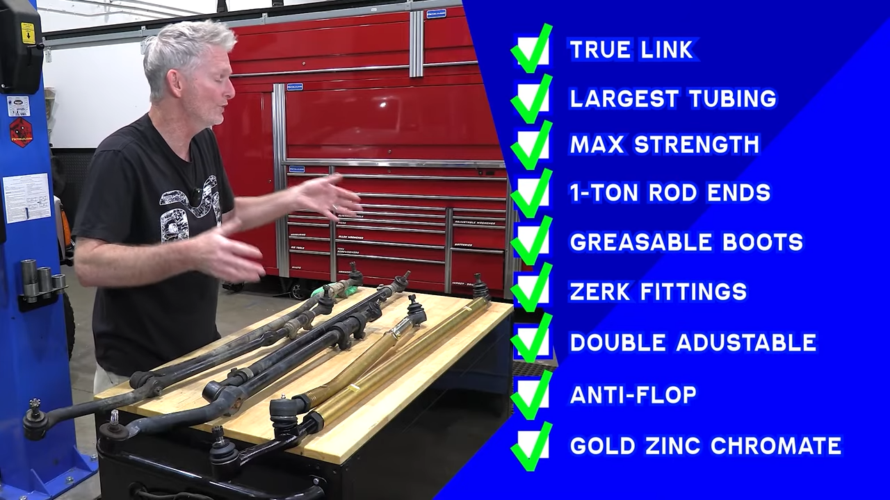 metalcloak heavy duty tj steering system, zero negative feedback during suspension cycle, largest diameter tubing, 1-ton tie rod end, grease boot, zerk fittings, double adjustable, anti-flop drag link ends, gold zinc chromate finish